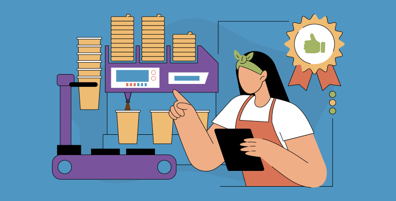 Por que devo padronizar meus processos Operadora com tablet ao lado de máquina industrial e pilhas de produtos, ilustrando a padronização de processos com procedimento operacional padrão na produção.