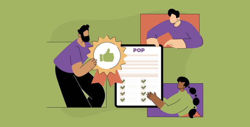 Pronto para usar os POPs Equipe reunida em torno de documento POP com itens marcados e selo de aprovação, demonstrando uso de procedimento operacional padrão na rotina da empresa.