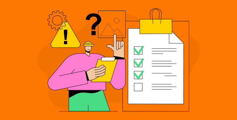 Profissional com prancheta ao lado de checklist de papel com itens marcados e símbolo de alerta, ilustrando falta de registro de evidência como erro comum em uma visita técnica.