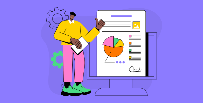 Profissional ao lado de relatório com gráfico em tela e documento assinado, representando a análise e entrega de relatório após uma visita técnica.