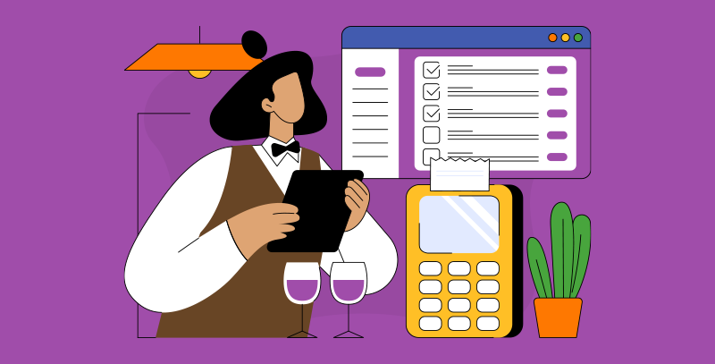 Garçom segurando tablet ao lado de checklist em tela e máquina registradora com recibo, representando o uso de checklist digital no food service.