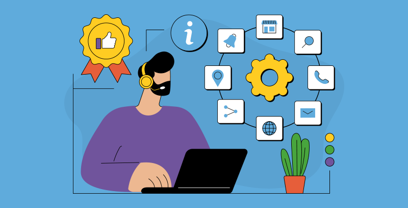 Ilustração de rede de lojas com operador usando sistema e ícones conectados, indicando processos padronizados e integrados.