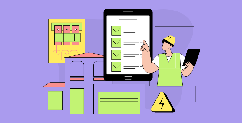 Como criar um checklist eficiente para a NBR 5410 Profissional usando tablet com checklist, ao lado de uma instalação elétrica residencial com quadro e casa ao fundo.