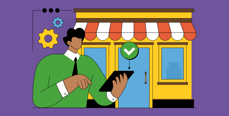 Profissional usando tablet em frente a uma loja, com checklist indicando verificação de padrões.