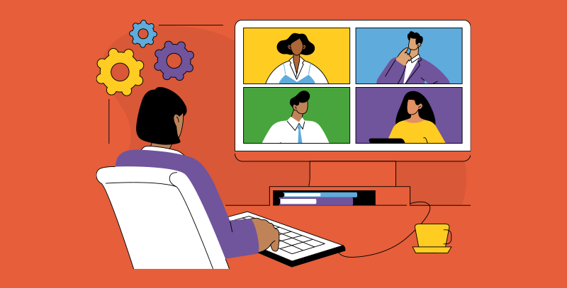 Cena de rede de lojas com profissional em reunião online com equipe, representando coordenação e alinhamento entre unidades.