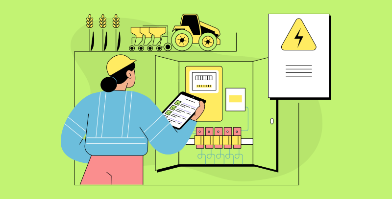 O que é a NBR 5410 Cena de NBR 5410 com instalação elétrica em ambiente agropecuário, incluindo quadro elétrico aberto, equipamentos rurais ao fundo e profissional com checklist digital.