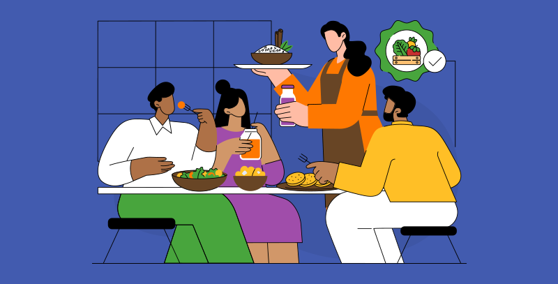 Grupo de pessoas sentado à mesa enquanto atendente serve prato de comida e bebida, com selo indicando alimentação saudável.