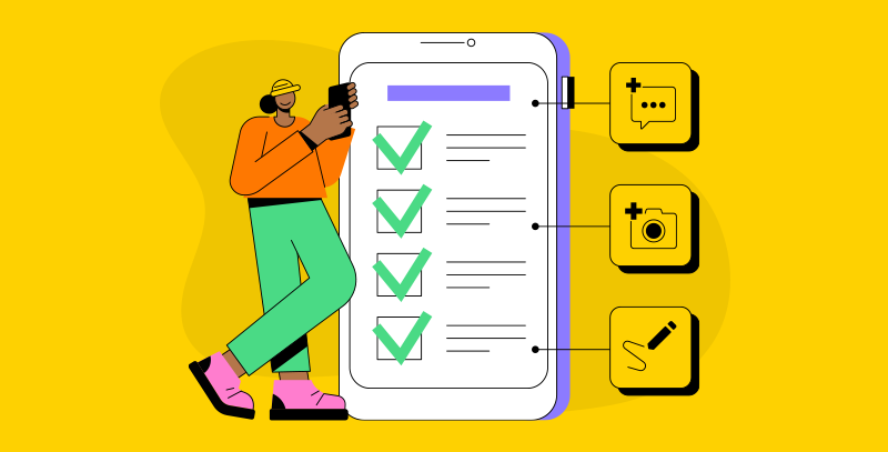 Profissional utilizando celular ao lado de checklist digital com opções de registro como foto, comentário e assinatura.