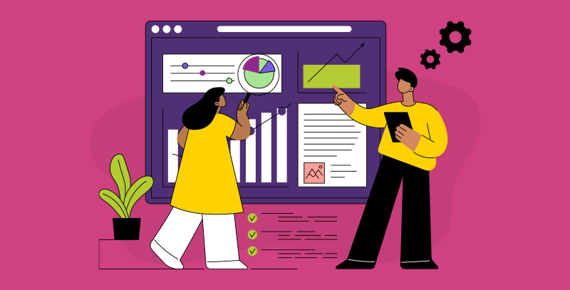 Duas pessoas analisando painel com gráficos ilustrando como fazer um relatório para análise de dados com comunicação eficaz.