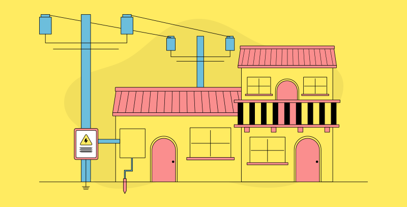 Principais requisitos da NBR 5410 para instalações elétricas de baixa tensão Ilustração de NBR 5410 com instalação elétrica residencial, poste, fiação e ponto de aterramento visível.