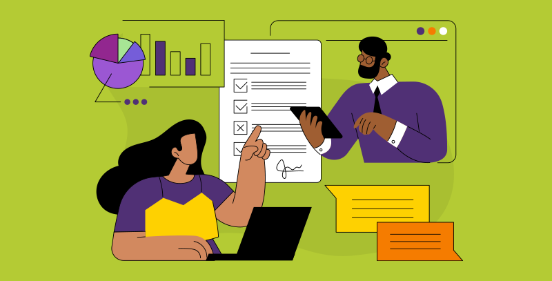 Duas pessoas revisando documento assinado com checkboxes. Ilustra como fazer um relatório de comprovação.<br />

