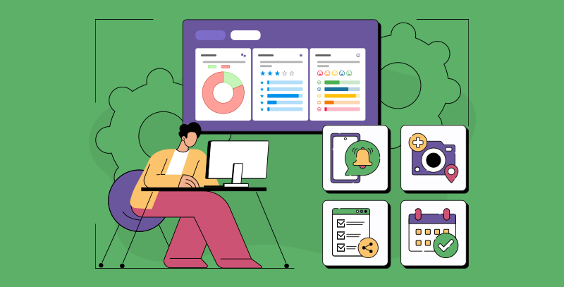 Ilustração de como melhorar a comunicação com aplicativo de checklist digital, painel com dados e ícones de notificações, checklist e registros.