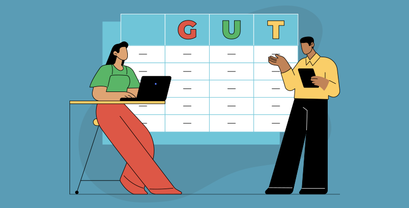 Cena de Matriz GUT com profissionais analisando tabela com colunas e critérios organizados.