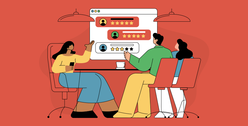 Ilustração de Matriz GUT com equipe avaliando feedbacks e classificações em painel com avaliações.