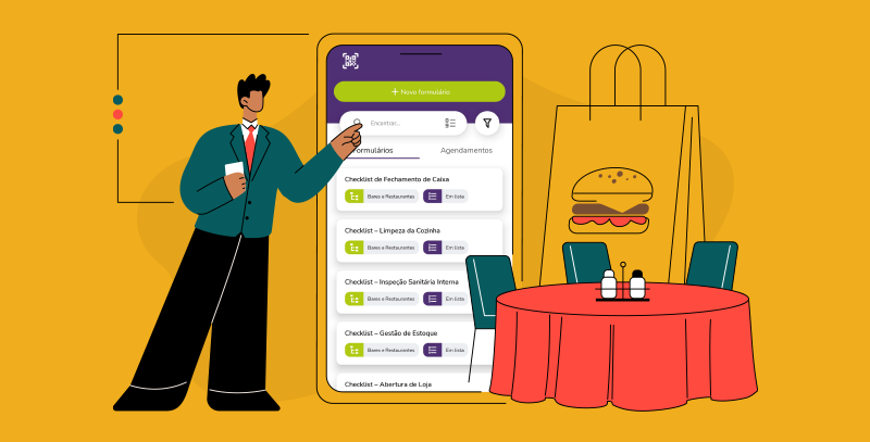 Ilustração de um gerente com aplicativo de checklist Checkbits em tela e ambiente de restaurante com mesa e pedido.