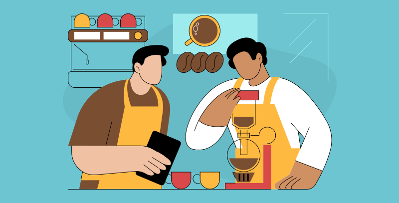 Ilustração de gestão de bares e restaurantes com funcionários preparando café e utilizando equipamentos durante treinamento.
