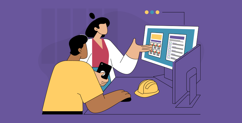 Dois profissionais analisando conteúdo em tela com checklist e layouts, revisando e criando uma instrução de trabalho.