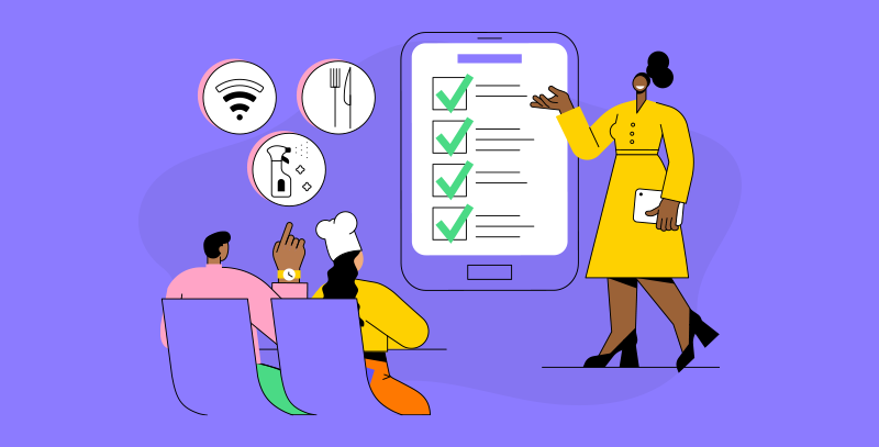 Equipe sendo treinada diante de tela com tarefas digitais, aprendendo a usar checklist abertura de bar ou restaurante em formato digital.