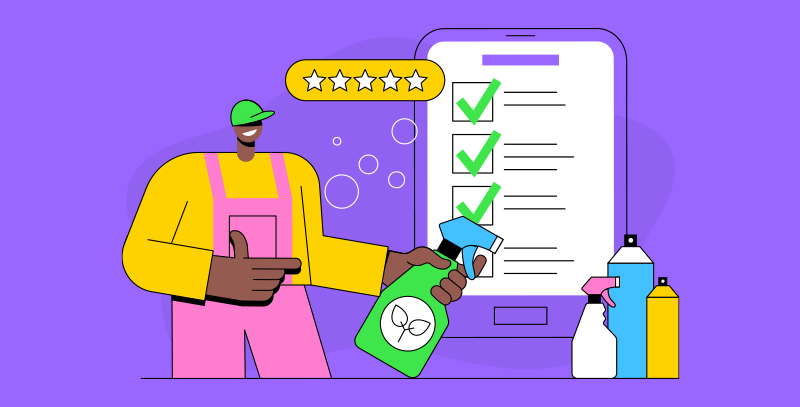 Funcionário com produtos de limpeza ao lado de um checklist de limpeza profissional e estrelas de feedback.