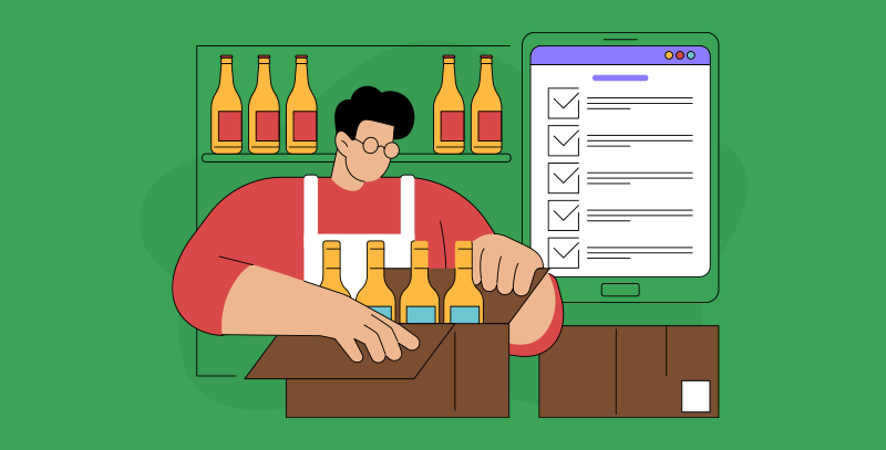 Funcionário organizando garrafas em caixa ao lado de checklist digital na tela, mostrando controle de estoque.
