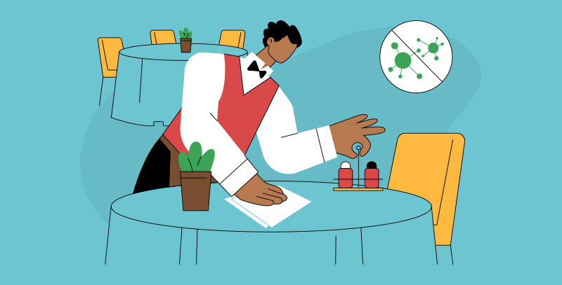 Garçom higienizando mesa e organizando itens, ilustrando tarefas essenciais no fechamento de bar e restaurante.
