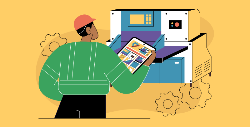 Operador utilizando tablet em frente a máquina industrial, seguindo instrução de trabalho com apoio visual das tarefas.