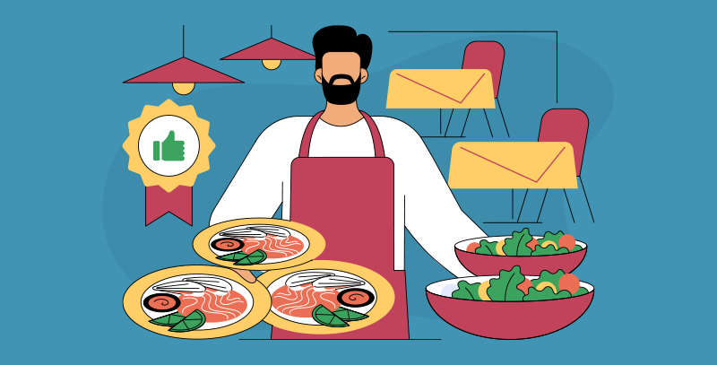 Profissional apresentando pratos com selos de aprovação, ilustrando a importância da gestão de compras e estoque na padronização e qualidade.