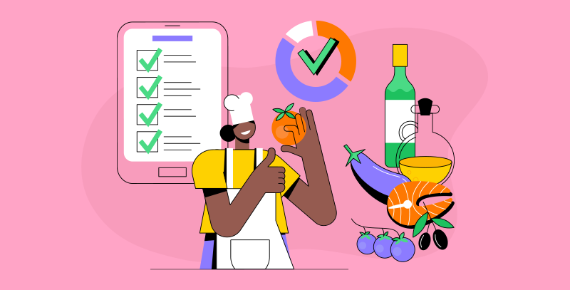 Cozinheira conferindo alimentos ao lado de tablet com tarefas marcadas, utilizando checklist abertura de bar ou restaurante para verificação de estoque.