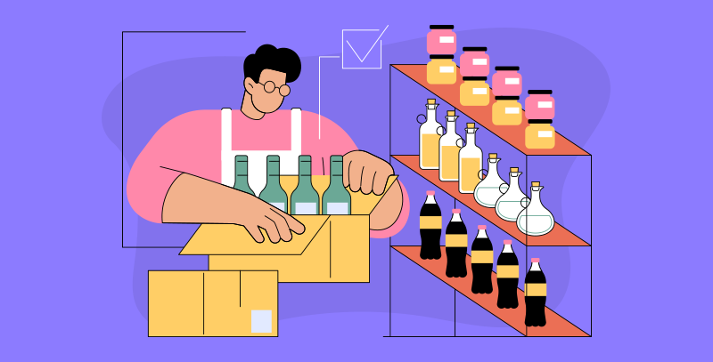 Funcionário organizando produtos em estoque e prateleiras, com marcação de tarefa concluída.