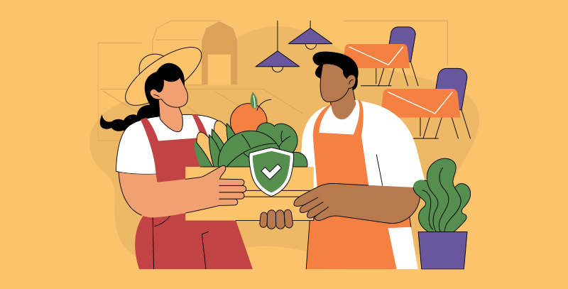 Funcionário recebendo alimentos de fornecedor com selo de verificação, representando controle e segurança de alimentos no recebimento.