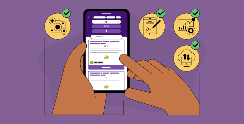 Mãos utilizando aplicativo no celular com tarefas marcadas e ícones de verificação, mostrando substituição do checklist de papel por solução digital.