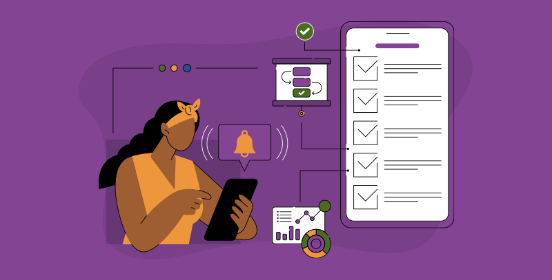 Mulher com tablet cercada por ícones de notificação, checklist e gráficos, com uma lista de verificação em primeiro plano.