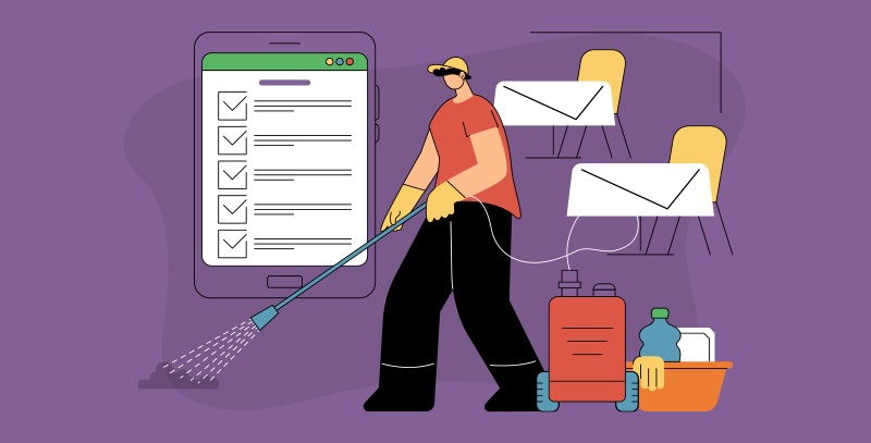 Profissional limpando ambiente com equipamentos enquanto checklist digital aparece ao lado, mostrando registro e uso de checklists de limpeza de bar e restaurante.