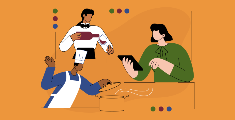 Três colaboradores em diferentes funções ilustrando a dinâmica de equipe na organização de bar e restaurante.