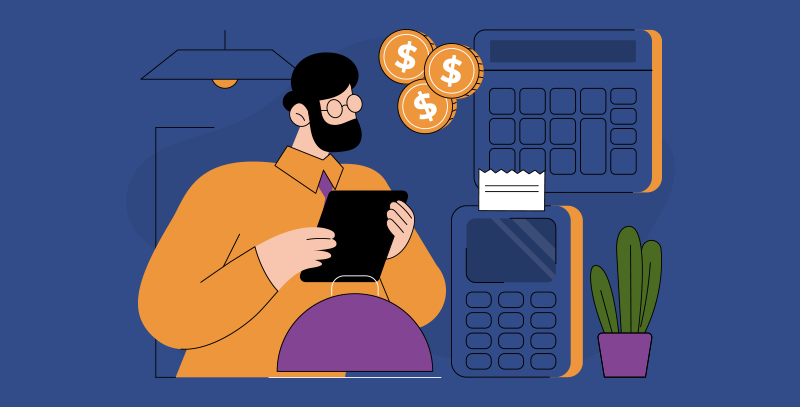 Homem segurando tablet com moedas ao redor, acompanhado de calculadora e máquina de pagamento, representando o controle financeiro essencial para organização de bar e restaurante.