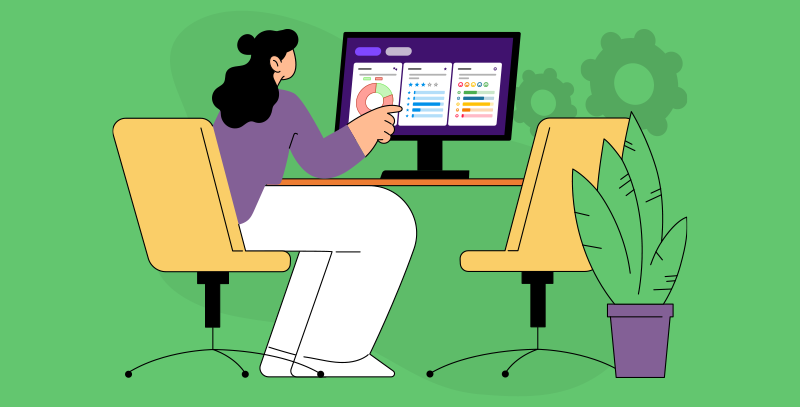 Pessoa analisando dados em computador com gráficos e listas, representando limitações do checklist de papel no acompanhamento das informações.
