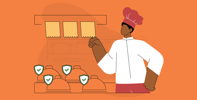 Chef analisando pedidos enquanto bandejas prontas aparecem com selos de verificação, representando controle e segurança de alimentos no serviço.