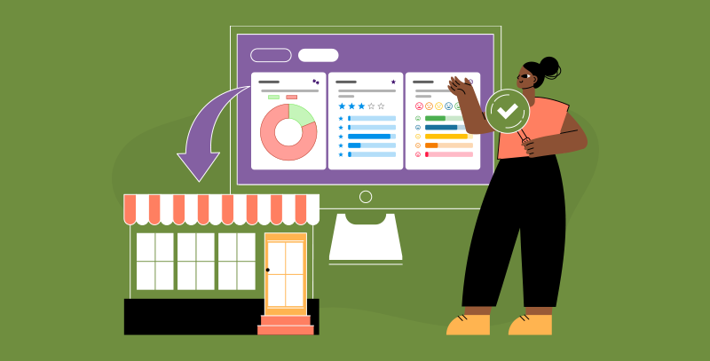 Como o Checkbits pode ajudar com auditorias internas Ilustração de gestora acompanhando dashboard de auditorias internas em bares e restaurantes, com indicadores e resultados da unidade.
