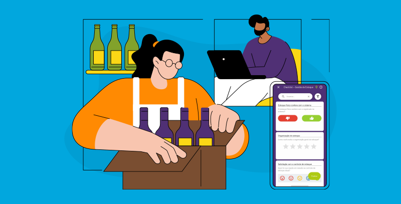 Como o Checkbits possibilita a gestão remota Funcionária conferindo estoque enquanto gerente acompanha a operação pelo notebook e aplicativo, ilustrando a gestão remota de bares e restaurantes.