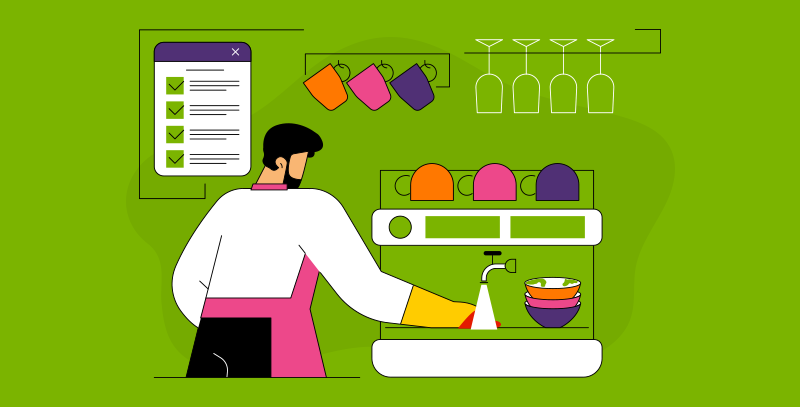 Funcionário higienizando utensílios com checklist de boas práticas sanitárias em uma franquia de food service.
