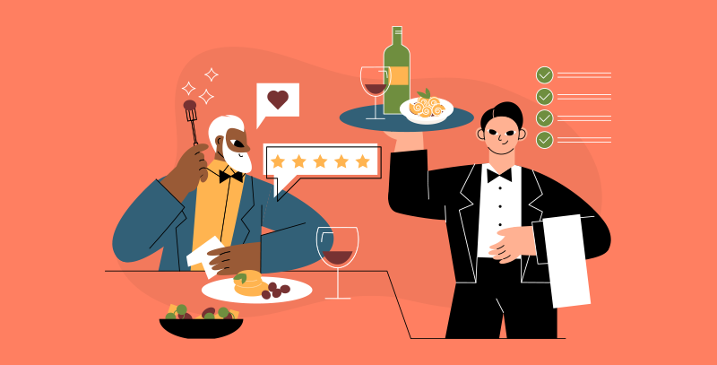 Quais são os tipos de auditoria aplicáveis ao setor de alimentação Ilustração de garçom atendendo cliente durante auditorias internas em bares e restaurantes, com checklist e avaliação de atendimento.