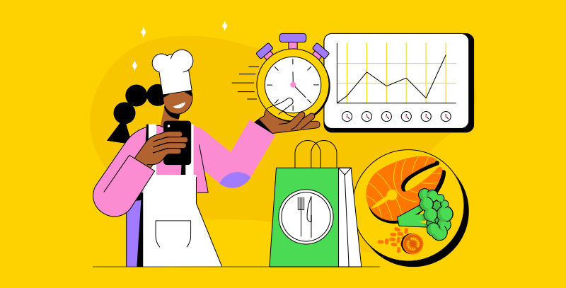 Profissional de cozinha com cronômetro e gráfico destaca desafios no food service com tempo de preparo e horários de pico.