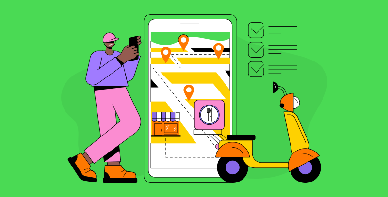 Entregador com scooter, vários pontos marcados no mapa e checklist mostra desafios no food service relacionados à roteirização.<br />

