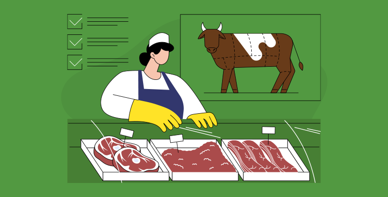 Funcionária no balcão de açougue organizando carnes, com checklist.