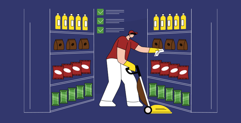 Funcionário realizando a limpeza de um corredor entre prateleiras, com checklist de tarefas para supermercados.