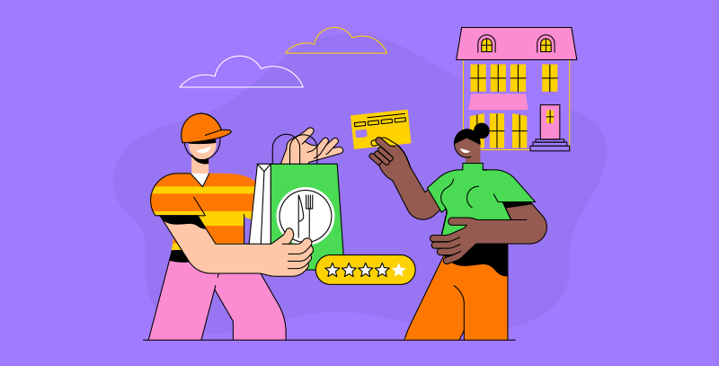 Entregador com pedido e cartão destaca desafios no food service ligados ao pagamento e à experiência do cliente.