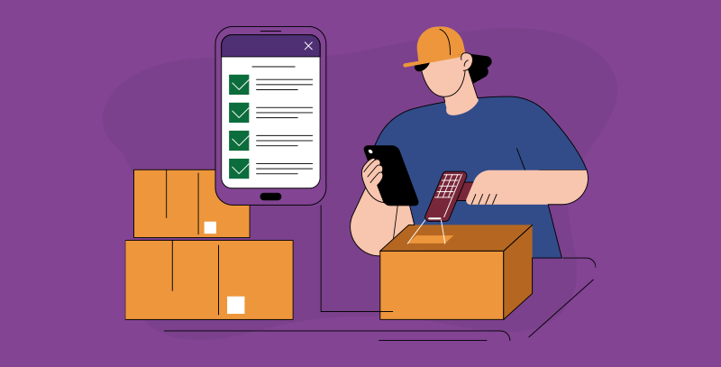 Profissional conferindo caixas com celular e checklist digital.