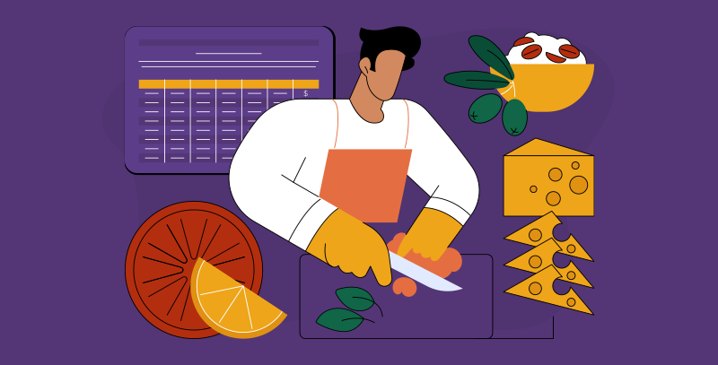 Profissional preparando alimentos com uma ficha técnica gastronômica de food service exibida ao fundo.