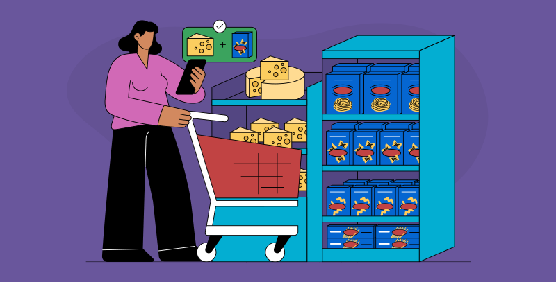 Como implementar o layout ideal no seu supermercado Cliente observa produtos organizados em conjunto, ilustrando uma estratégia de cross-merchandising.