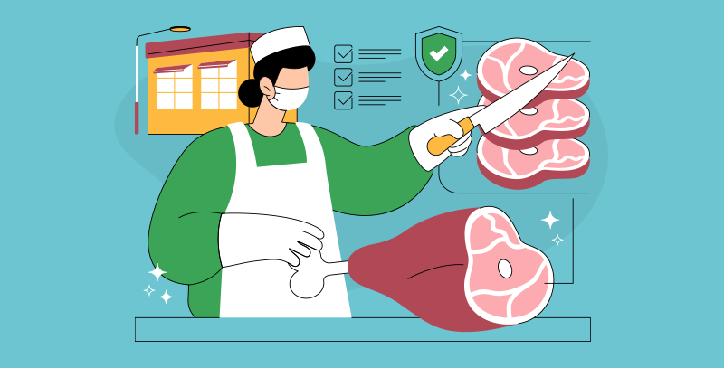 Profissional manipulando carne com faca, checklist e escudo sobre normas de segurança alimentar em supermercados.
